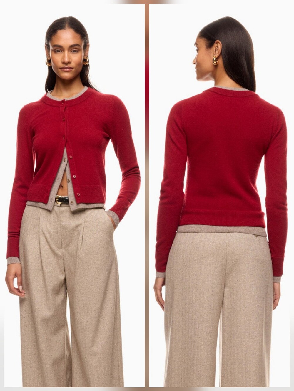 NAADAM Red Cashmino Layered Cardigan Crew Neck Long Sleeve Size M